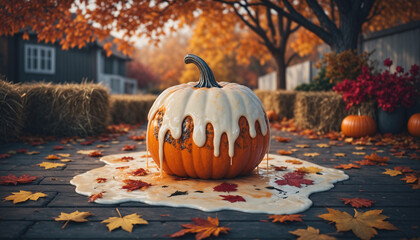 Melting orange pumpkin with white milk autumn background halloween idea