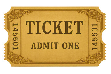 Vintage admit one ticket design for event entry, showing numbering and decorative border on transparent background