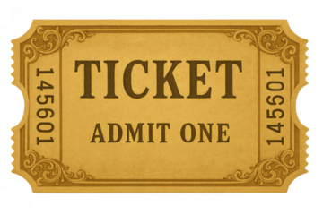 Vintage admit one ticket design for event entry, showing numbering and decorative border on transparent background