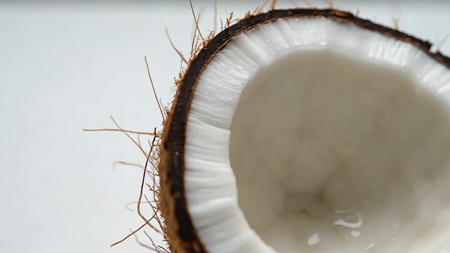 Extreme close-up macro shot of a coconut cut in half, revealing the white, moist flesh and brown, fibrous hairy shell against a clean, bright white background for a tropical food concept
