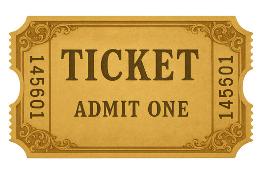 Vintage admit one ticket design for event entry, showing numbering and decorative border on transparent background