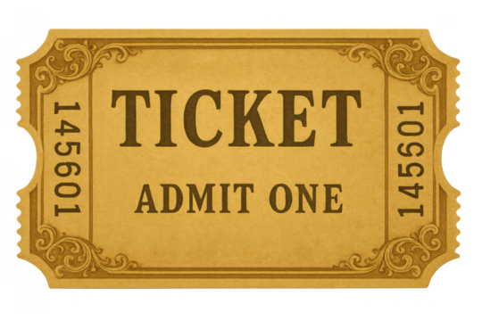Vintage admit one ticket design for event entry, showing numbering and decorative border on transparent background