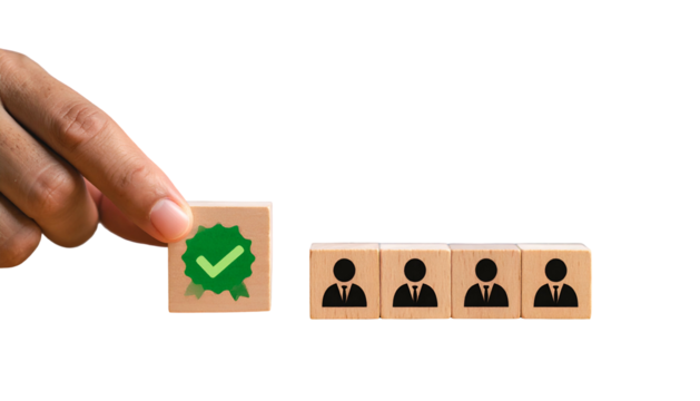 Hand placing a "verified" block beside others with silhouetted figures. Black background