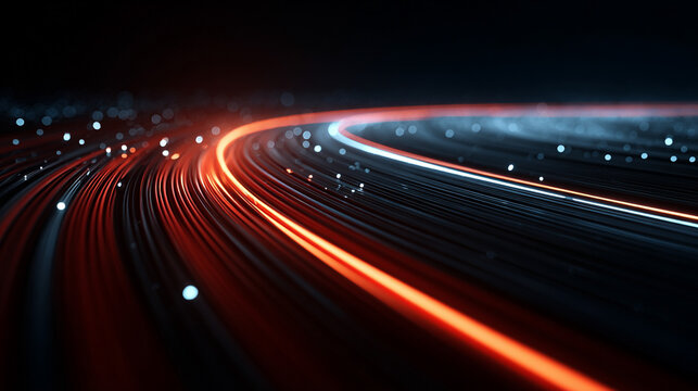 Dynamic glowing light shapes on a dark background symbolizing high speed data flow technology and connectivity representing the concept of modern optical fiber networks and digital communication