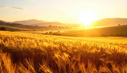 Golden wheat field bathed in warm sunrise light with rolling hills and distant village under a bright sunbeam