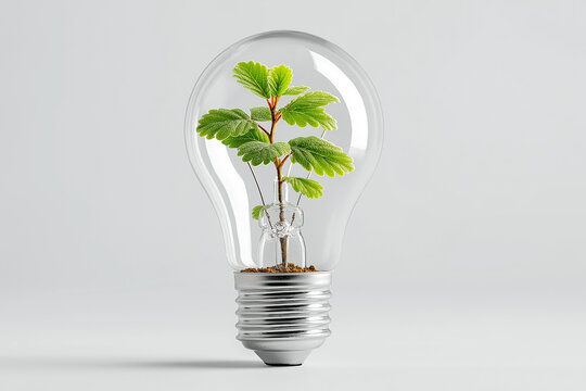 A vibrant green plant growing inside a glass light bulb on a white background. This image symbolizes eco-friendly concepts, sustainable energy, green technology, and environmental innovation. - Powered by Adobe