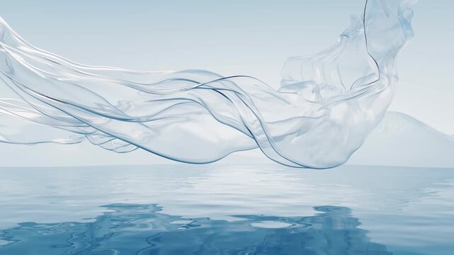 Flowing transparent cloth with water surface, 3d rendering 4k