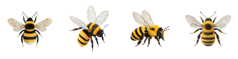 Collection of Four Bumblebees in Flight and at Rest Isolated on White