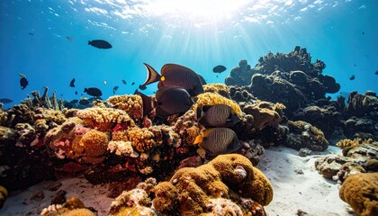 Underwater Coral Reef Ecosystem teeming with Diverse Tropical Fish Beneath Sunlit Ocean Surface with Sandy Seabed