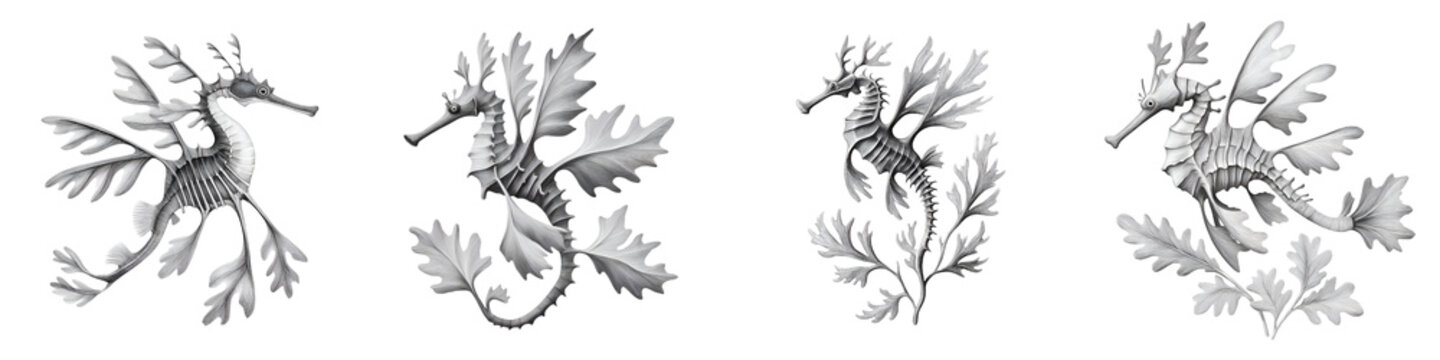 Monochrome Collection of Leafy Seadragons on White Background