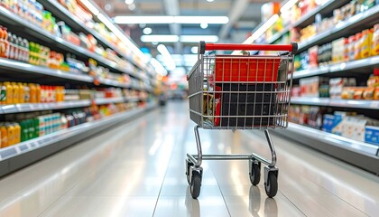 Empty Shopping Cart Rolls Down Brightly Lit Supermarket Aisle Lined With Shelves Stocked With Products