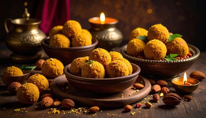 Festive Sweet Laddu Balls Overflowing In Ornate Bowls With Almonds And Candlelight Illuminating A Warm Inviting Scene