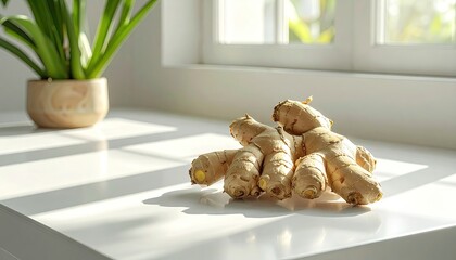 Fresh ginger root on a bright white countertop with sunlight casting shadows and a potted green plant in the background near a window.