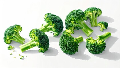 Fresh Green Broccoli Florets Scattered On A White Surface With Natural Sunlight Creating Soft Shadows Ideal For Healthy Eating And Culinary Content
