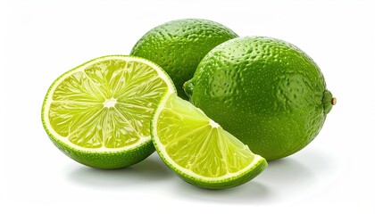 Fresh Green Limes Grouped Together With One Cut In Half And A Wedge Showing Juicy Pulp And Seeds On White Background