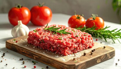 Fresh Raw Ground Beef Seasoned with Rosemary and Salt Arranged on a Wooden Cutting Board with Tomatoes and Garlic in the Background