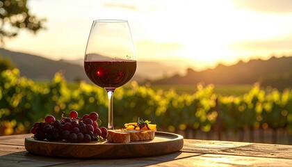 Glass of red wine with grapes and cheese platter on wooden table in vineyard at sunset with warm golden light and blurred background of grapevines and hills