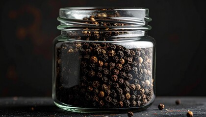 Glass Jar Filled With Whole Black Peppercorns on a Dark Textured Surface Warm Lighting