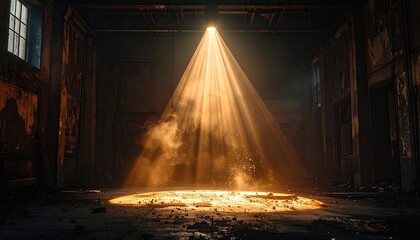 Golden Light Beam Illuminates Dusty Abandoned Room With Glowing Particles And Textured Walls
