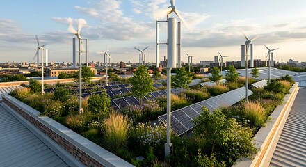 Urban rooftop garden with wind turbines and solar panels