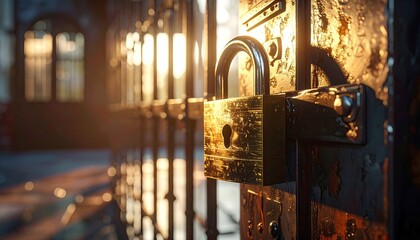 Golden Padlock Secured On An Old Rusty Gate With Warm Sunlight Glinting Off The Metal And Creating A Textured Grungy Surface With Bokeh Background Of An Archway