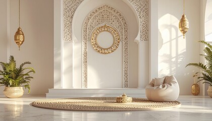 An elegant, sunlit room with Islamic architectural details and a cozy beanbag chair.
