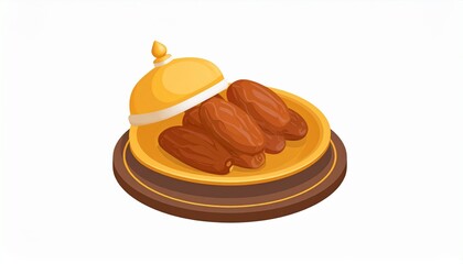 A golden dish with a lid filled with delicious dates, presented on a wooden base.