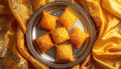 Golden sweet glutinous rice cakes dusted with white sesame seeds arranged on a silver plate surrounded by shimmering yellow fabric with intricate gold patterns