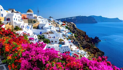 Iconic White Buildings With Blue Domes Perched On Cliffs Overlooking The Aegean Sea On A Sunny Day With Vibrant Pink And Red Flowers In The Foreground