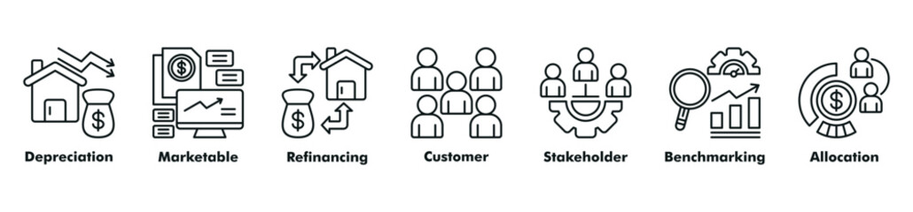 Business accounting icon set vector consist of depreciation, marketable, refinancing, customer, stakeholder, benchmarking, and allocation.