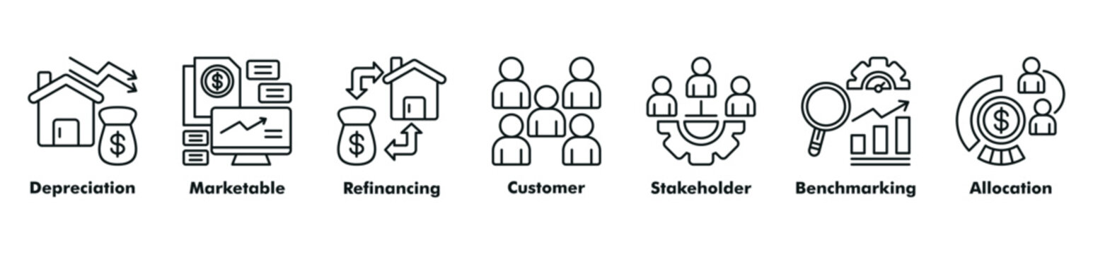 Business accounting icon set vector consist of depreciation, marketable, refinancing, customer, stakeholder, benchmarking, and allocation.