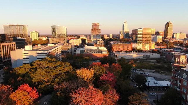 Golden Hour Aerial Drone Clips of the Downtown Raleigh North Carolina Skyline With Peak Fall Foliage: Travel, Architecture, Cityscape, Landscapes