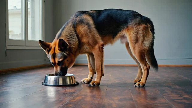 Deutscher Sch&auml;ferhund frisst aus Napf auf Holzboden &ndash; Haustier im Zuhause