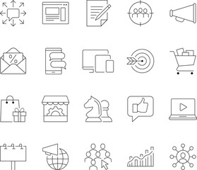Versatile marketing line icons with editable strokes perfect for business technology and creative projects featuring a clean and modern design aesthetic