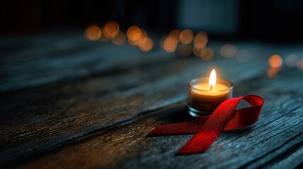 Single candle with red ribbon on wooden surface glowing in dark room, symbolizing remembrance, awareness, and compassion for World AIDS Day memorial tribute.