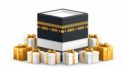 A 3D illustration of the Kaaba surrounded by gift boxes, symbolizing Islamic celebrations and Hajj.