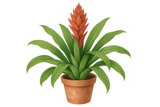 Bromeliad houseplant watercolor illustration with vibrant orange flower blooming in a terra cotta pot, transparent background