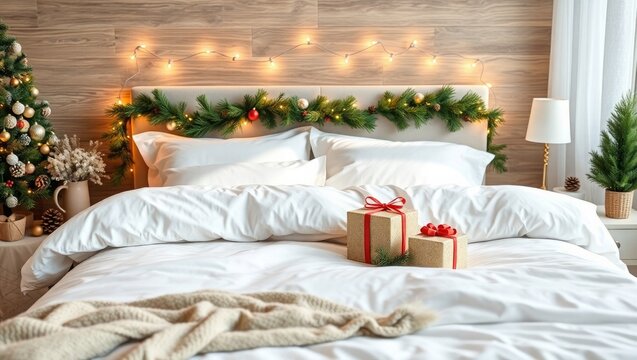 Festive Christmas morning gifts awaiting on cozy bed