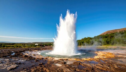 Geyser Eruption Under Clear Blue Sky With Green Trees And Rocky Ground In Daytime