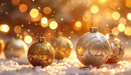 Golden Christmas Ornaments on Snow with Bokeh Lights and Falling Snowflakes During Golden Hour