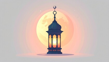 A traditional Islamic lantern with a crescent moon on top, illuminated against a soft, glowing moon.