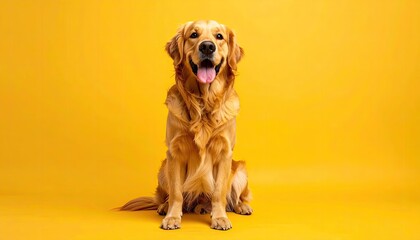 Golden Retriever Dog Sitting Happily on a Vibrant Yellow Background Studio Portrait