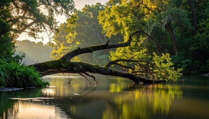 Golden Hour Sunlight Filters Through Lush Green Forest Canopy Illuminating a Fallen Tree Arching Over Calm Water Reflecting the Vibrant Sky