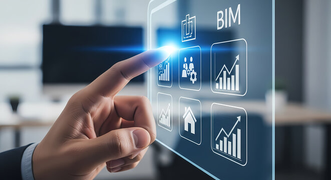 Smart Touch BIM Interface. Digital Building Management and Technology Visualization Concept - Powered by Adobe
