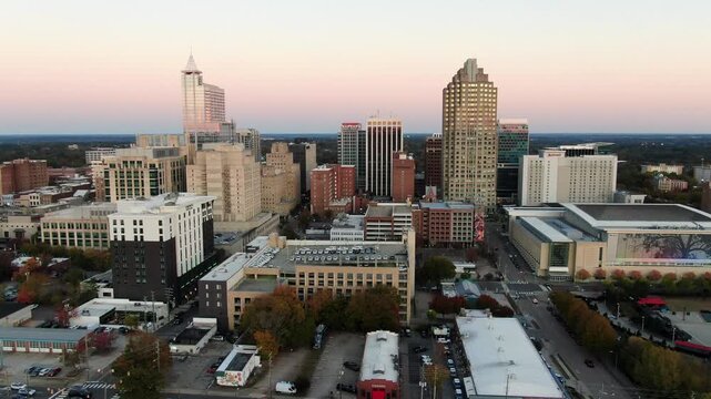Golden Hour Aerial Drone Clips of the Downtown Raleigh North Carolina Skyline With Peak Fall Foliage: Travel, Architecture, Cityscape, Landscapes