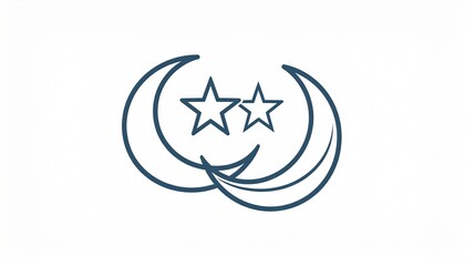Obraz premium A minimalist graphic design featuring two crescent moons and two stars in a dark blue outline on a white background.