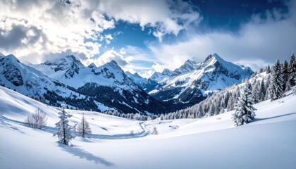 Majestic snow covered mountains landscape with pine trees and dramatic cloudy sky at sunny day high angle view