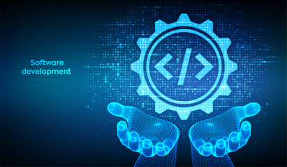 Software development icon made with binary code in wireframe hands. Devops. Agile development optimization. Software development practices methodology. Digital code background with digits 1, 0. Vector