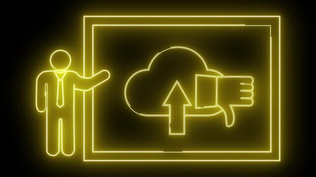 A neon yellow presentation featuring a person cloud upload arrow and thumbs down icon within a box