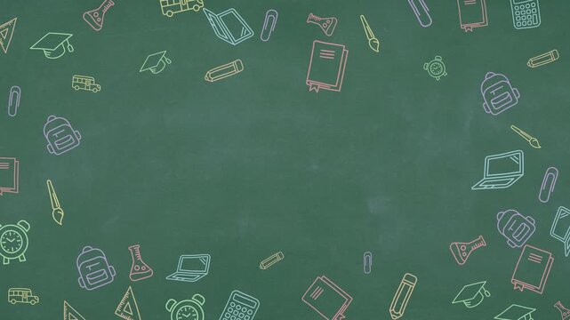 back to school pattern animation with colorful school supplies icons on chalk board.